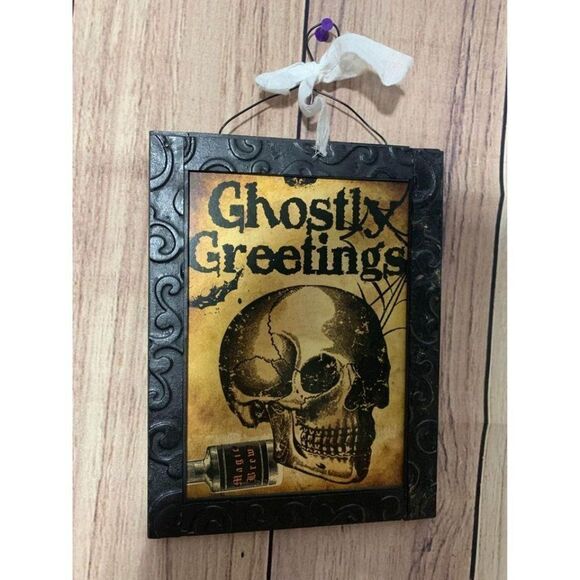 Ghostly Greetings Hanging Halloween sign decor 9x7 - Picture 1 of 5